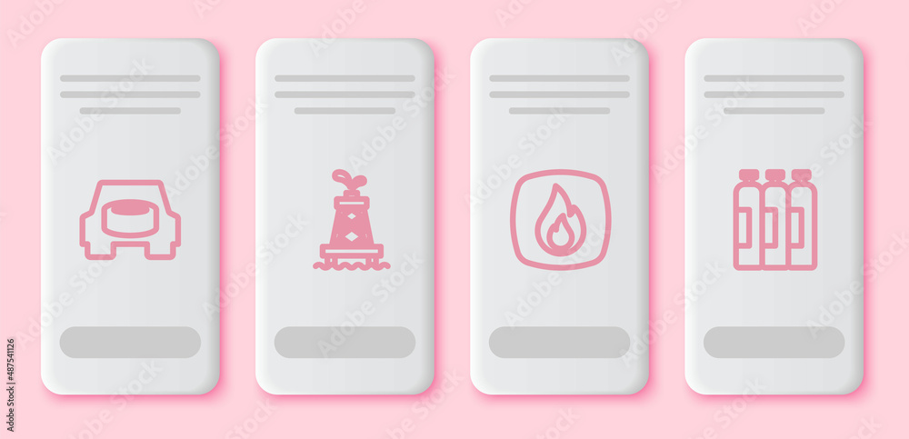 Set line Spare wheel in the car, Oil rig, Fire flame and Industrial gas cylinder tank. White rectangle button. Vector Set line Spare wheel in the car, Oil rig, Fire flame and Industrial gas cylinder tank. White rectangle button. Vector