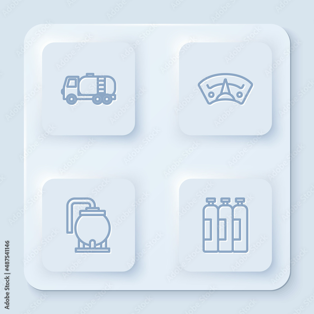 Set line Tanker truck, Motor gas gauge, Oil tank storage and Industrial cylinder. White square button. Vector Set line Tanker truck, Motor gas gauge, Oil tank storage and Industrial cylinder. White square button. Vector