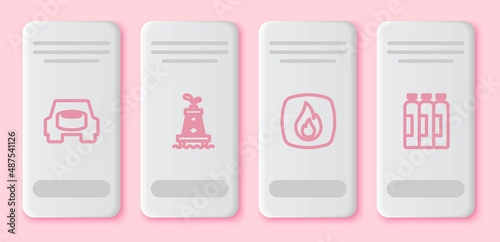 Set line Spare wheel in the car, Oil rig, Fire flame and Industrial gas cylinder tank. White rectangle button. Vector
