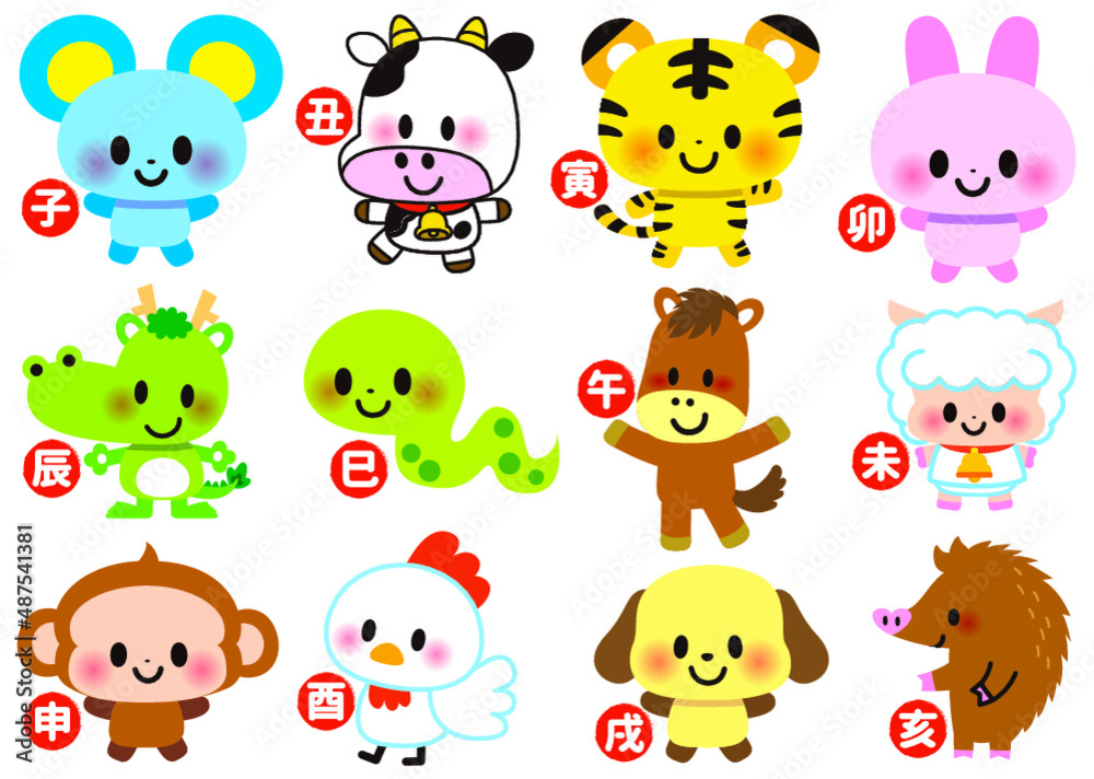 Naklejka premium 動物, 動物園, どうぶつ,十二支, 干支, どうぶつえん, かわいい, ねずみ, 牛, 虎, 龍, ヘビ, 羊, 鳥, 猪, 子, 丑, 卯, 辰, 巳, 午, 未, 申, 酉, 戌, 亥, 保育園, 幼稚園, 子供, 小学校, 小学生, クマ, ネズミ, ウサギ, 寅, サル, 馬, 犬, ウマ, , 可愛い, 絵本, 猿イラスト, お正月, 年賀状, 動物, 動物園, 冬, 正月