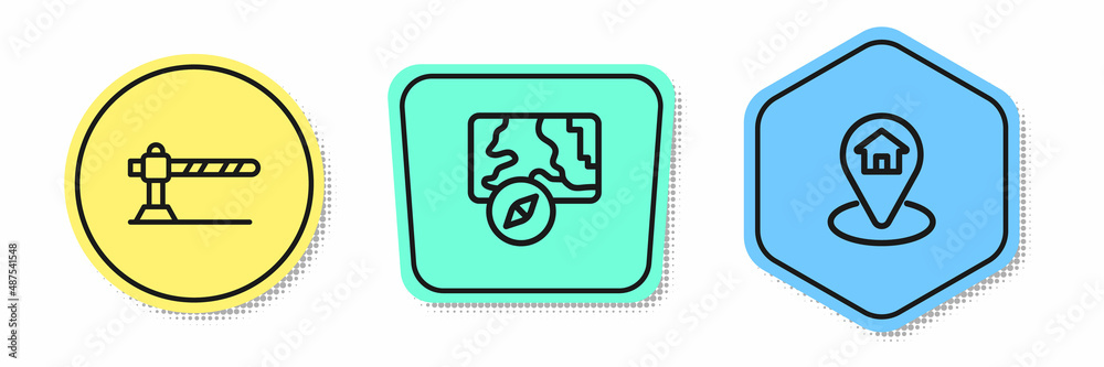 Set line Parking car barrier, City map navigation and Location with house. Colored shapes. Vector Set line Parking car barrier, City map navigation and Location with house. Colored shapes. Vector
