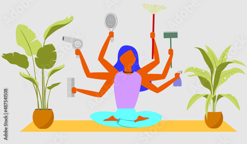 Vector of a woman with six hands working hard