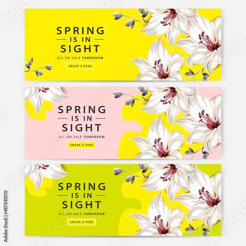 Spring sale horizontal web banners with lily bloom, set of modern posters