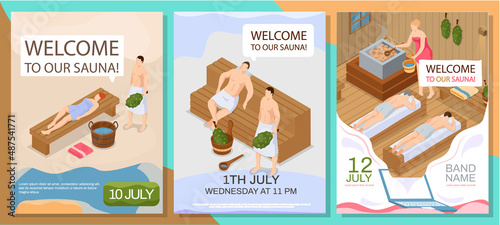 Sauna and steam room. Set of people in sauna. People relax and steam with birch brooms in traditional russian stove for female and male. Finnish bathhouse. Public sauna, Friends in spa resort