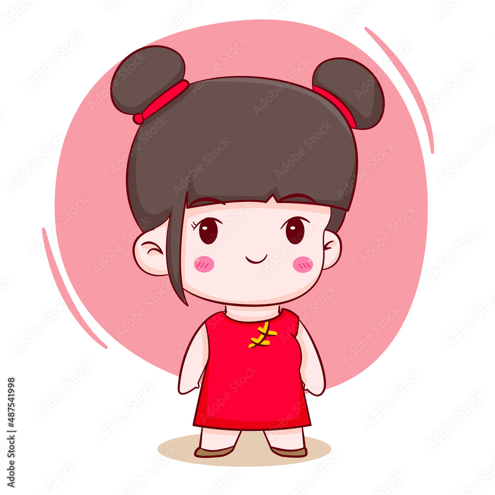 Cute cartoon character of Chinese girl Hand drawn style flat character isolated background Cute cartoon character of Chinese girl Hand drawn style flat character isolated background