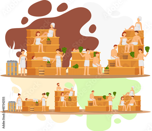 Sauna and steam room. Set of people in sauna. People relax and steam with birch brooms in traditional russian stove for female and male. Finnish bathhouse. Public sauna, Friends in spa resort