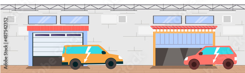 Garage with automatic gates. Vehicle storage space, room for cars inside house. Gates with lifting mechanism, place for automobile parking. Car near garage in modern residental building