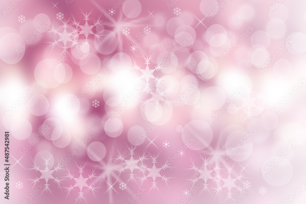 Christmas card template. Abstract festive gradient pink white winter christmas or New Year background texture with blurred bokeh lights, snow and stars. Beautiful backdrop.