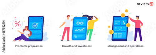 People use gadgets. set of icons, illustration. Smartphones tablets user interface social media.Flat illustration Icons infographics. Landing page site print poster.