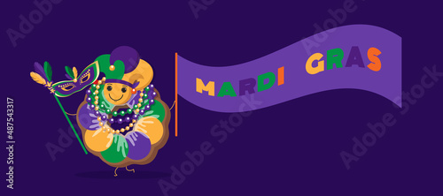 Mardi Gras traditional King Cake in cartoon style. Cute happy Cake wearing yellow, green, purple necklaces, mask with waving flag at dark background. Copy space. Vector design for banner, flyer, card