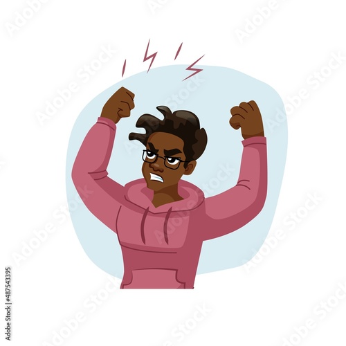 Vector cartoon flat black man character in aggressive mood-social inequality and protest,discontent,black lives matter movement,anger management and social behavior concept,web site banner ad design