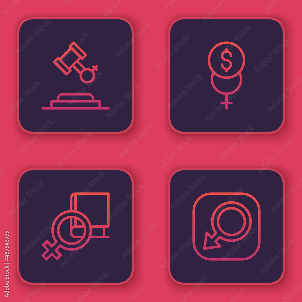 Set line Female rights, Book about women, Feminism finance and Male gender. Blue square button. Vector Set line Female rights, Book about women, Feminism finance and Male gender. Blue square button. Vector