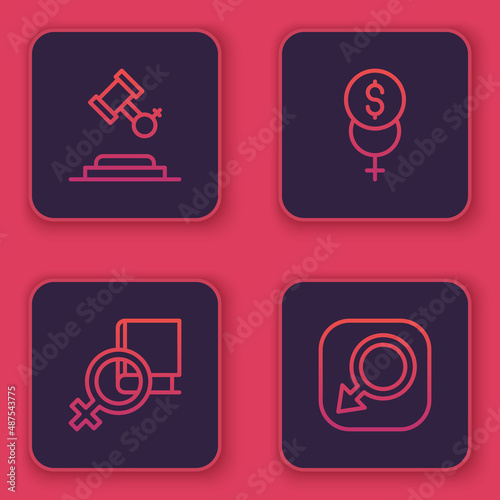 Set line Female rights, Book about women, Feminism finance and Male gender. Blue square button. Vector