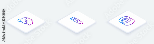 Set Isometric line Hairstyle for men, clipper and Gel wax hair styling. White square button. Vector