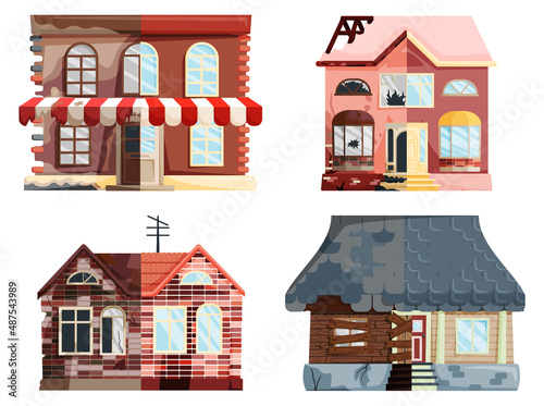 Home renovation, house before and after repair. New and old suburban cottage. Remodel construction. Old run-down house remodeled into cute traditional suburban cottage. Building maintenance service