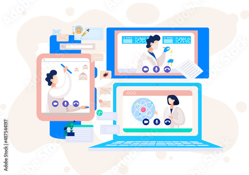 Online doctor conference, consultation via your smartphone. Concept for medical app and websites. Remote meetings of scientists conferring on fight against viruses and scientific researches