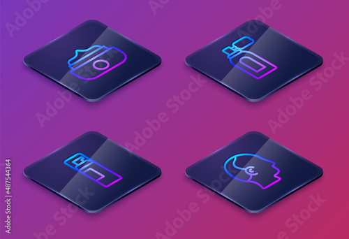 Set Isometric line Gel or wax for hair styling, Shaving gel foam, Aftershave with atomizer and Baldness. Blue square button. Vector