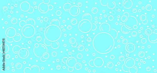 Blue sparkling water background. Water drops. Cartoon bath soap with lather silhouette. Soap with foam and bubbles. Clean water Vector icon or symbol. 