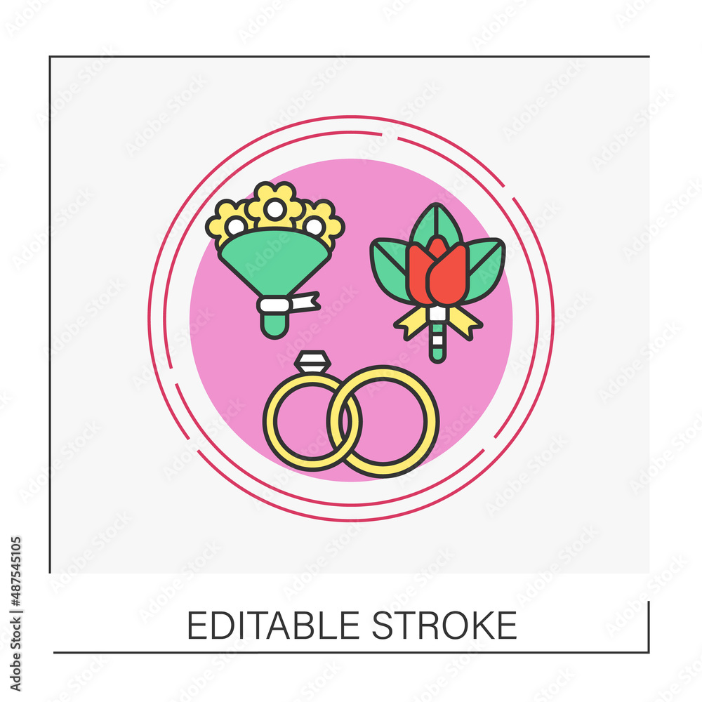 Bouquet concept line icon. Bridal flowers with ribbon. Rings. Wedding.Vector isolated conception metaphor illustration Bouquet concept line icon. Bridal flowers with ribbon. Rings. Wedding.Vector isolated conception metaphor illustration