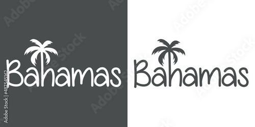 Bahamas Beach. Destino de vacaciones. Banner con texto Bahamas con letra con forma de silueta de palmera en fondo gris y fondo blanco