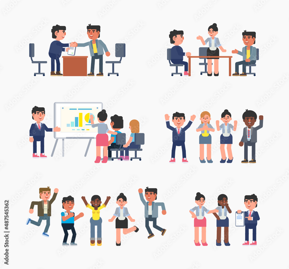 Set of business people at meeting, presentation, celebrating success, achievement. Cheerful business man and woman at office. Modern vector illustration