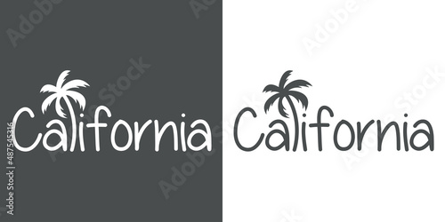 California Beach. Destino de vacaciones. Banner con texto California con letra con forma de silueta de palmera en fondo gris y fondo blanco