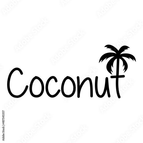 Beach bar. Logotipo de bar tropical. Banner con texto Coconut con letra con forma de silueta de palmera en color negro