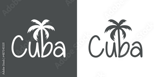 Cuba Beach. Destino de vacaciones. Banner con texto Cuba con letra con forma de silueta de palmera en fondo gris y fondo blanco