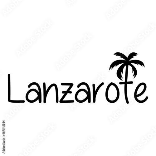 Lanzarote Beach. Destino de vacaciones. Banner con texto Lanzarote con letra con forma de silueta de palmera en color negro