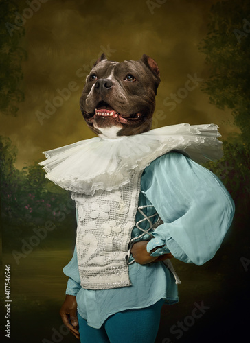 Model like medieval royalty person in vintage clothing headed by dog head isolated on dark vintage background. Concept of comparison of eras, artwork. Surrealism