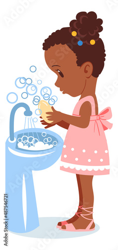 Cute black girl washing hands with soap in cartoon style