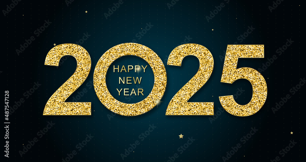 2025 Happy New Year in golden design, Holiday greeting card design - obrazy, fototapety, plakaty 