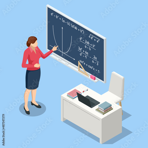 Isometric concept of math and geometry lesson, studying. Personalised learning. E-learning, online education. Algebra, geometry, statistics, basic maths.