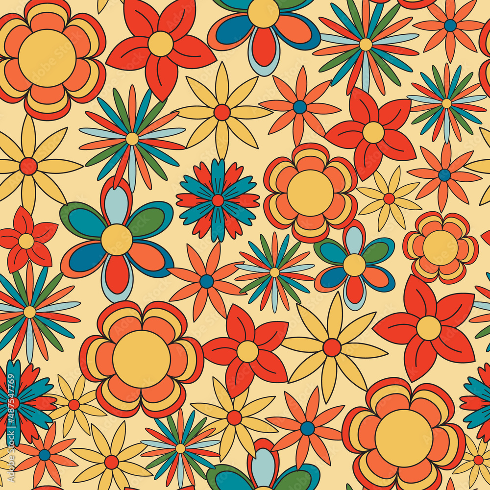 70s seamless vector pattern with vintage groovy flowers. Psychedelic floral  background. Fun hippy meadow texture for surface design, wallpaper,  wrapping paper, textile Stock Vector | Adobe Stock