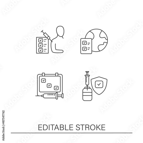Vaccine line icons set. Clinical trial. Approved vaccine. Covid19 disease. Vaccination concepts. Isolated vector illustrations.Editable stroke