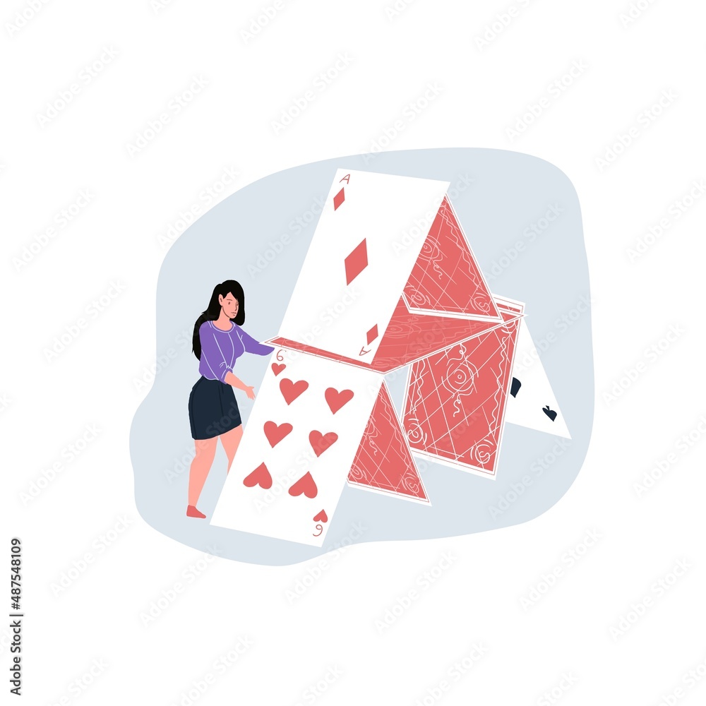 Vector flat cartoon character with playing card building house of cards