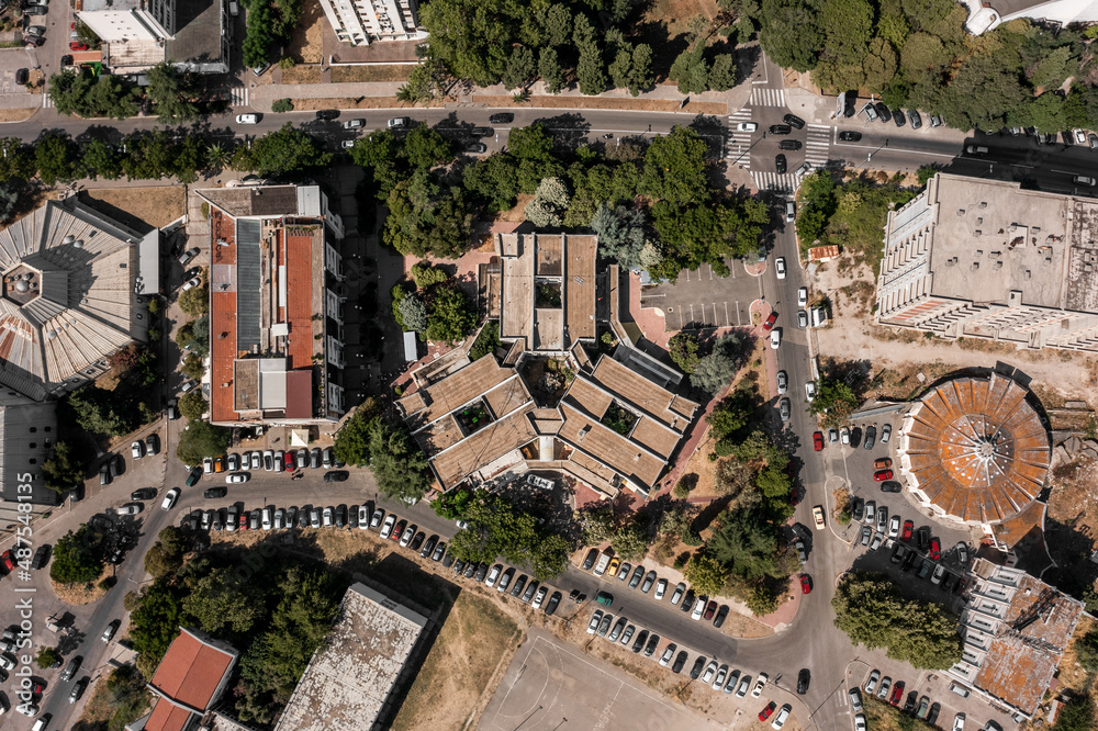 Fototapeta premium Top Down Aerial Shot - Socialistic Yugoslavian Medical Centre, hospital in Bar, Montenegro