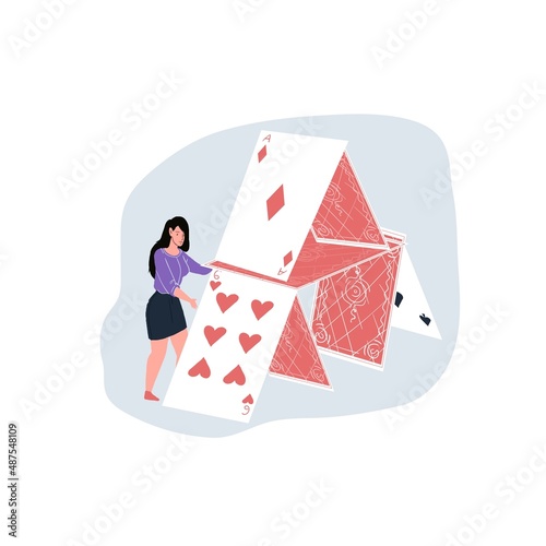 Vector flat cartoon character with playing card building house of cards-metaphor for beginning of new business,successful startup,effective teamwork,goal achievement,web page online design concept