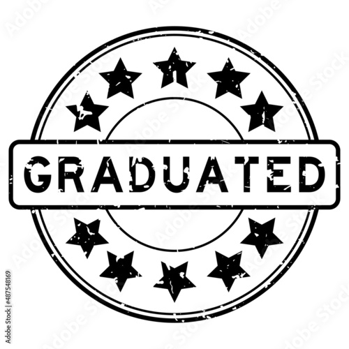 Grunge black graduated word with star icon round rubber seal stamp on white background