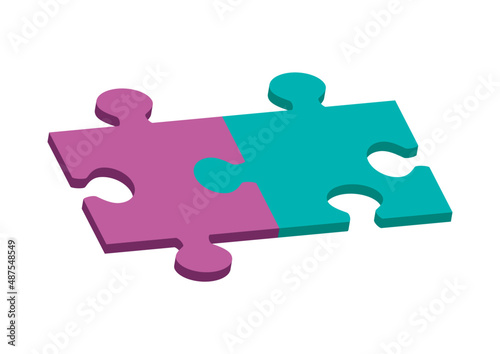 Two jigsaw puzzle pieces icon vector. Two connected puzzle pieces icon isolated on a white background. Purple and green 3d puzzle vector