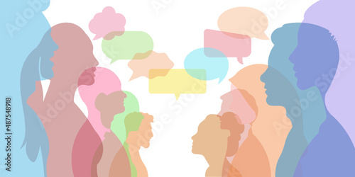 Communication group of multi-ethnic business co-workers and colleagues with speech bubble. Silhouette of diversity people side. vector illustration.
