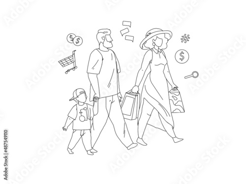 Family shopping line vector illustration. Social media market sales search and discount, e-commerce, internet marketing concept
