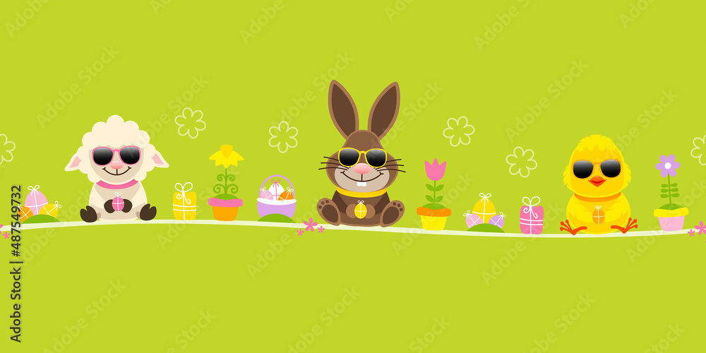 Obraz premium Schaf, Osterhase & Küken Sonnenbrille Icons Banner Grün