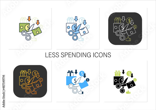 Less spending icons set.Reasonable money use. Mindful spending.Scissors cut money.Universal basic income concept.Collection of icons in linear, filled, color styles.Isolated vector illustrations