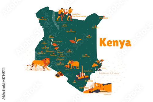 Vector map of Kenya. Sights. Historical places. Tourism. Cities. Guide. Africa. National parks of Africa. African animals. Mountains. Nairobi. First Ancient people.  #487549741