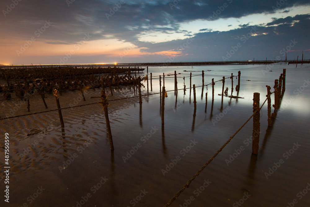 Fototapeta premium Beautiful landscape of sea level reflect fantasy dramatic sunset sky in wetlands , the famous travel attractions in Changhua Binhai Industrial Zone, Taiwan. (彰濱)