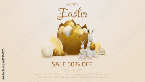 3d realistic bunny with gold easter egg elements. Banner template design.