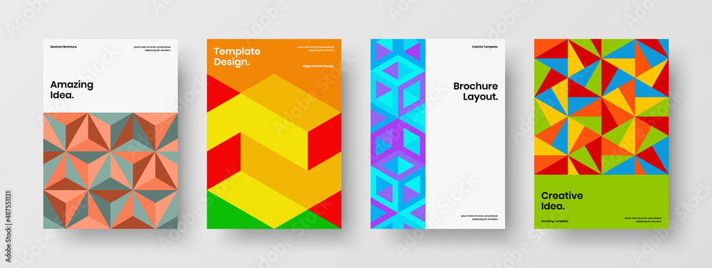 Minimalistic banner vector design template bundle. Vivid mosaic hexagons presentation illustration composition.