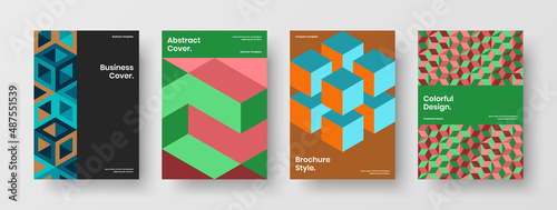 Creative geometric shapes company brochure illustration composition. Isolated leaflet design vector layout collection.