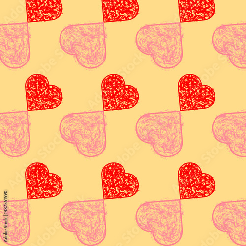  Seamless pattern with colorful hearts for different holidays on a beige background.